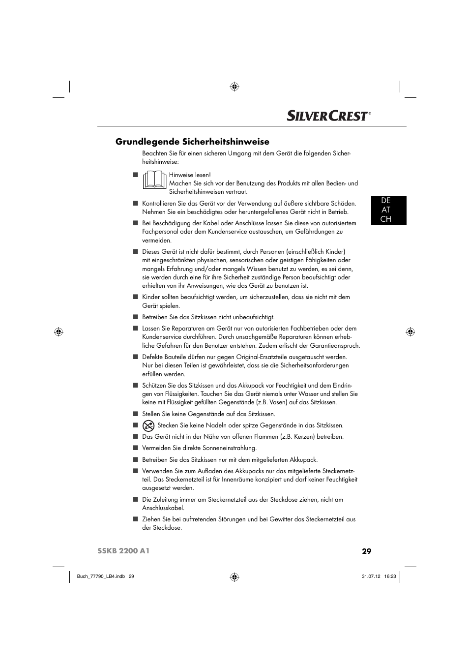 Grundlegende sicherheitshinweise, De at ch | Silvercrest SSKB 2200 A1 User Manual | Page 32 / 40