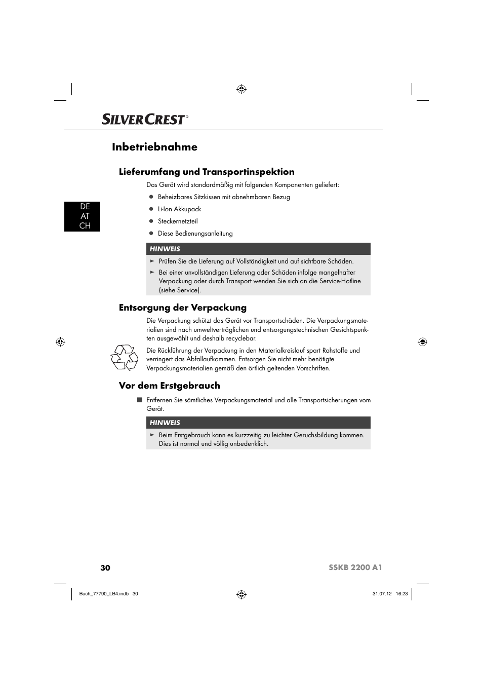 Inbetriebnahme, Lieferumfang und transportinspektion, Entsorgung der verpackung | Vor dem erstgebrauch, De at ch | Silvercrest SSKB 2200 A1 User Manual | Page 33 / 40