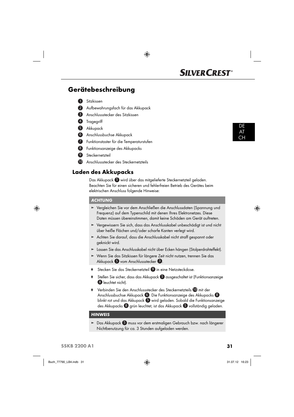 Gerätebeschreibung, Laden des akkupacks, De at ch | Silvercrest SSKB 2200 A1 User Manual | Page 34 / 40