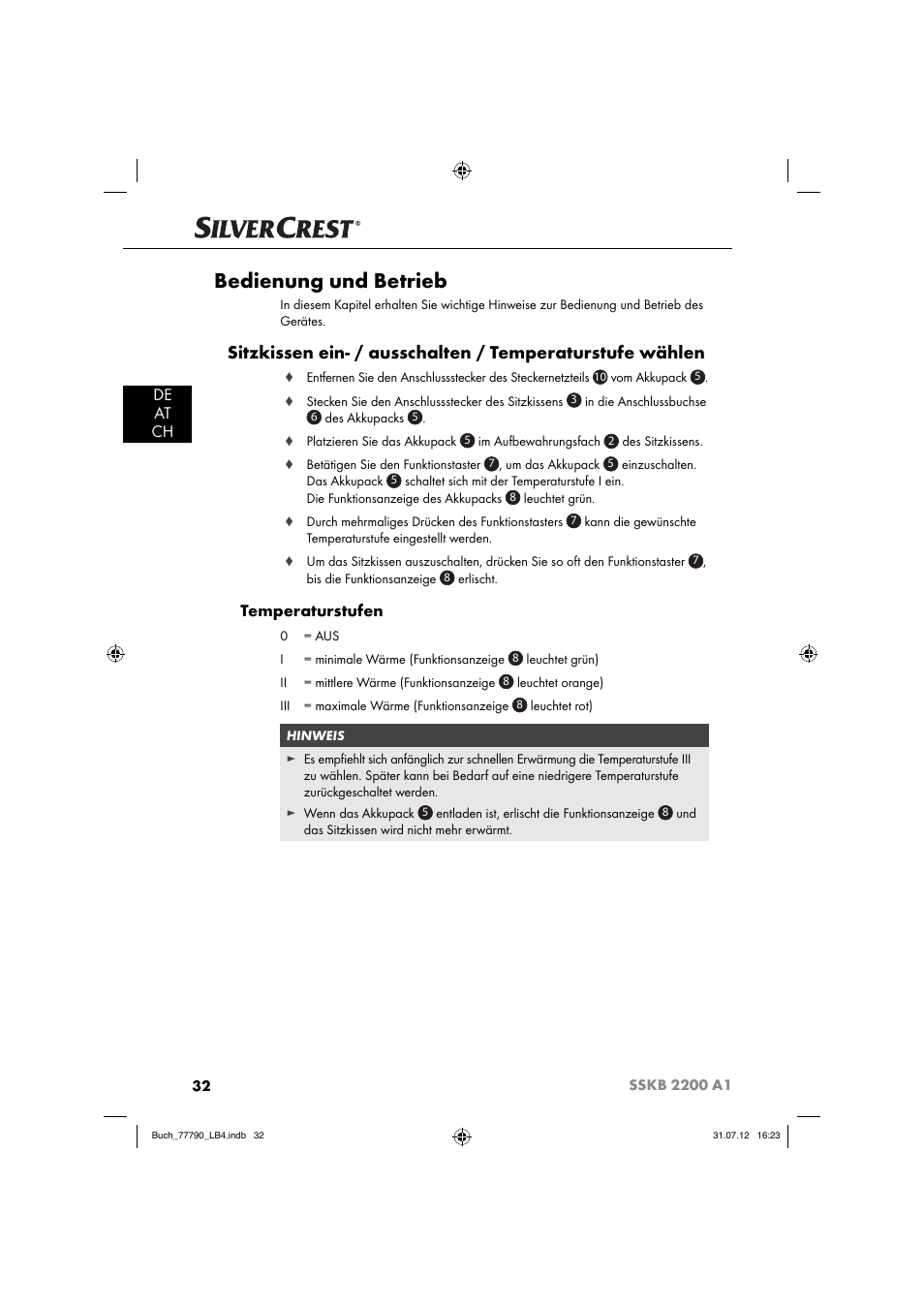 Bedienung und betrieb, De at ch, Temperaturstufen | Silvercrest SSKB 2200 A1 User Manual | Page 35 / 40