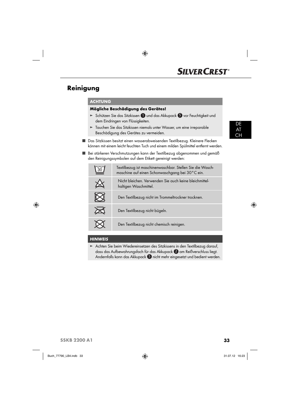 Reinigung, De at ch | Silvercrest SSKB 2200 A1 User Manual | Page 36 / 40