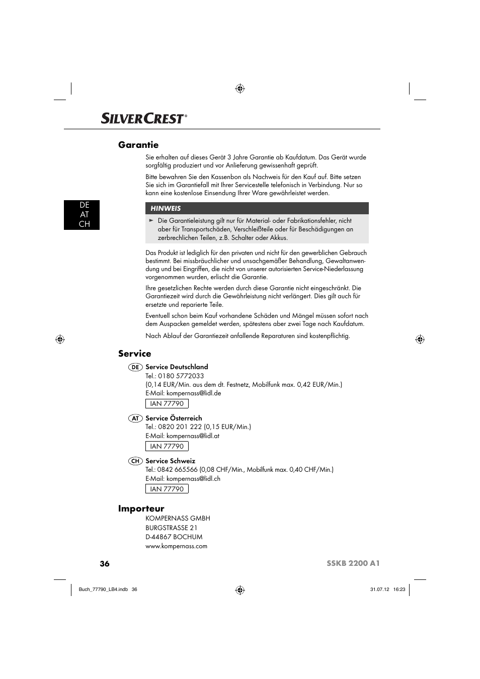 Garantie, Service, Importeur | De at ch | Silvercrest SSKB 2200 A1 User Manual | Page 39 / 40
