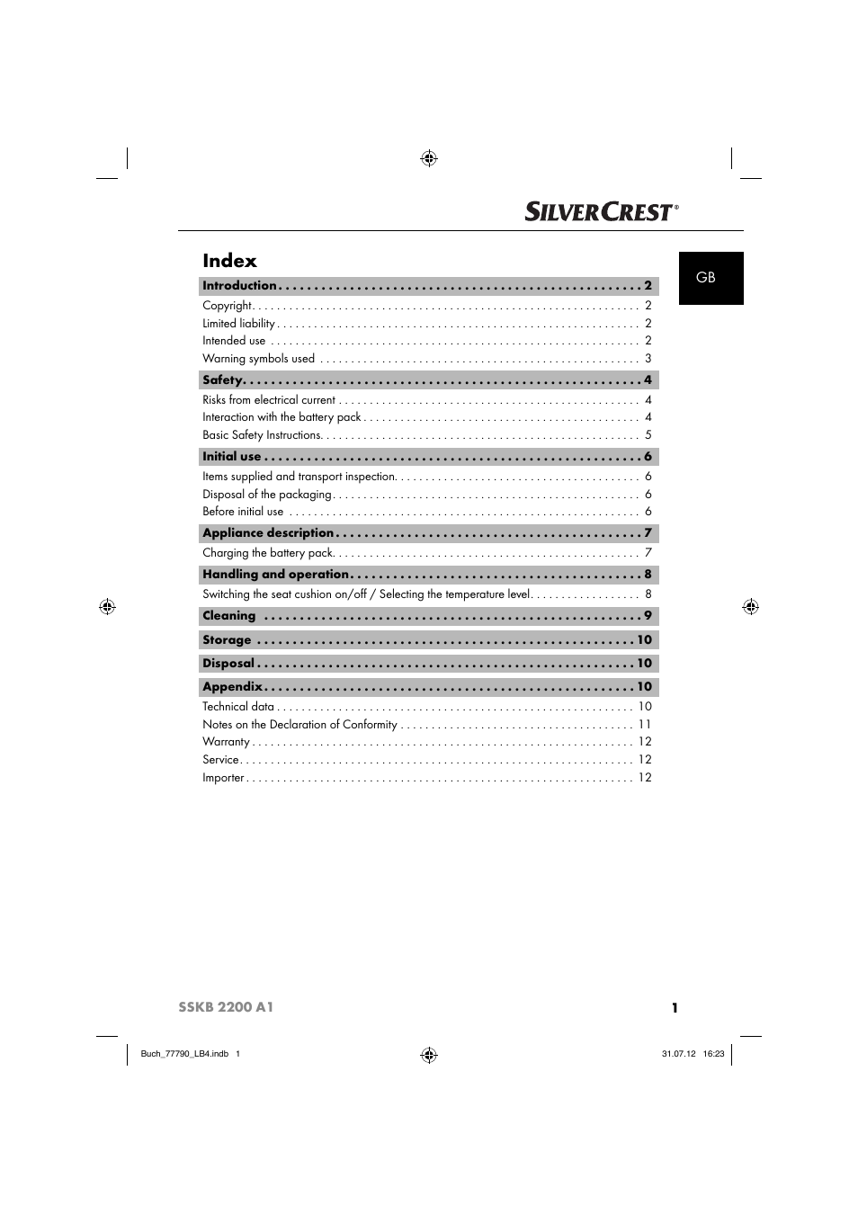 Index | Silvercrest SSKB 2200 A1 User Manual | Page 4 / 40