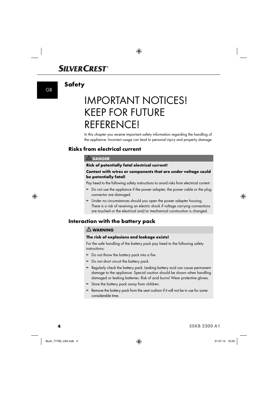 Important notices! keep for future reference, Safety, Risks from electrical current | Interaction with the battery pack | Silvercrest SSKB 2200 A1 User Manual | Page 7 / 40