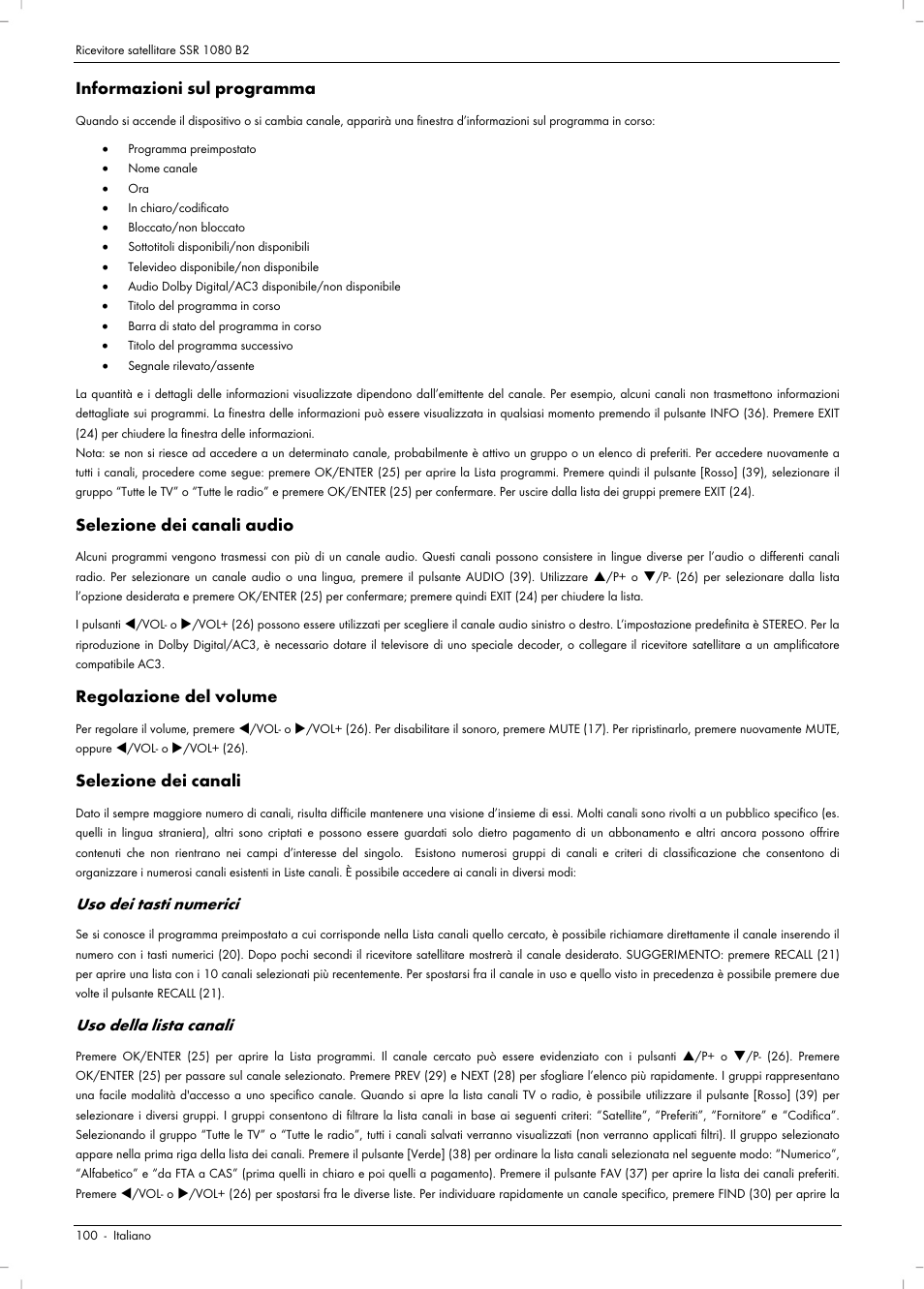 Informazioni sul programma, Selezione dei canali audio, Regolazione del volume | Selezione dei canali, Uso dei tasti numerici, Uso della lista canali | Silvercrest SSR 1080 B2 User Manual | Page 102 / 140