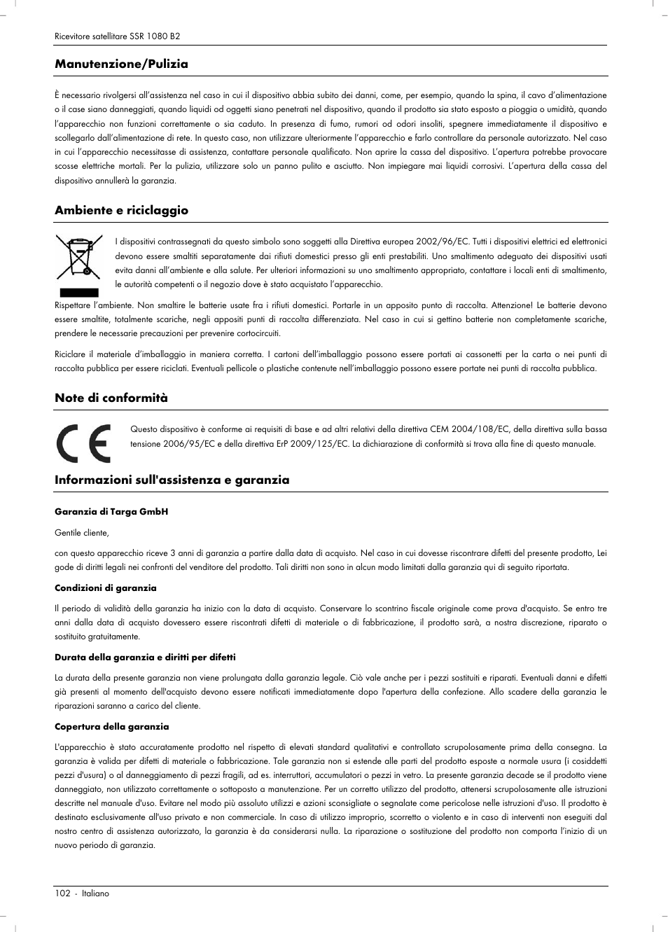 Manutenzione/pulizia, Ambiente e riciclaggio, Informazioni sull'assistenza e garanzia | Silvercrest SSR 1080 B2 User Manual | Page 104 / 140