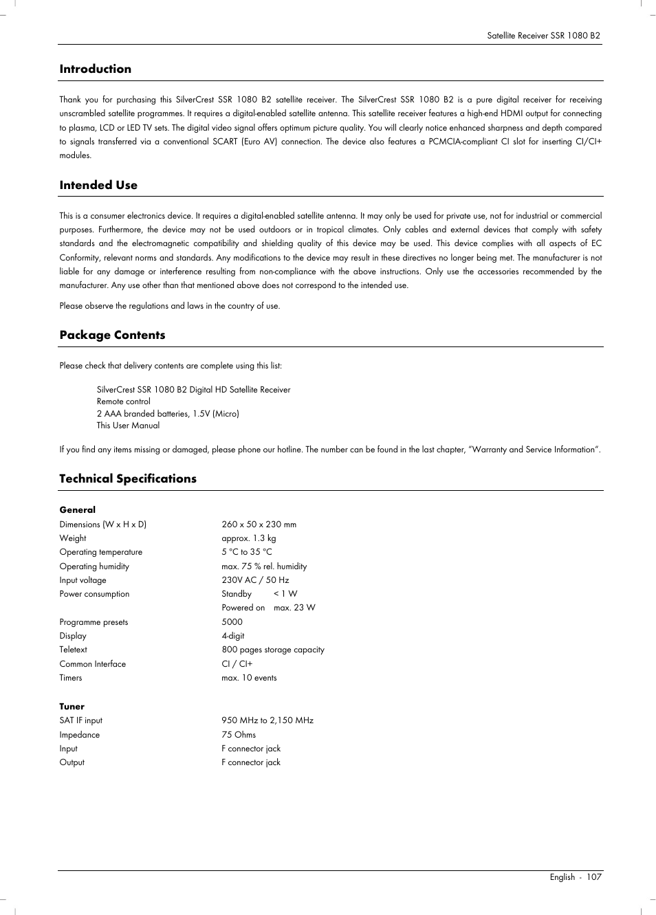 Introduction, Intended use, Package contents | Technical specifications | Silvercrest SSR 1080 B2 User Manual | Page 109 / 140