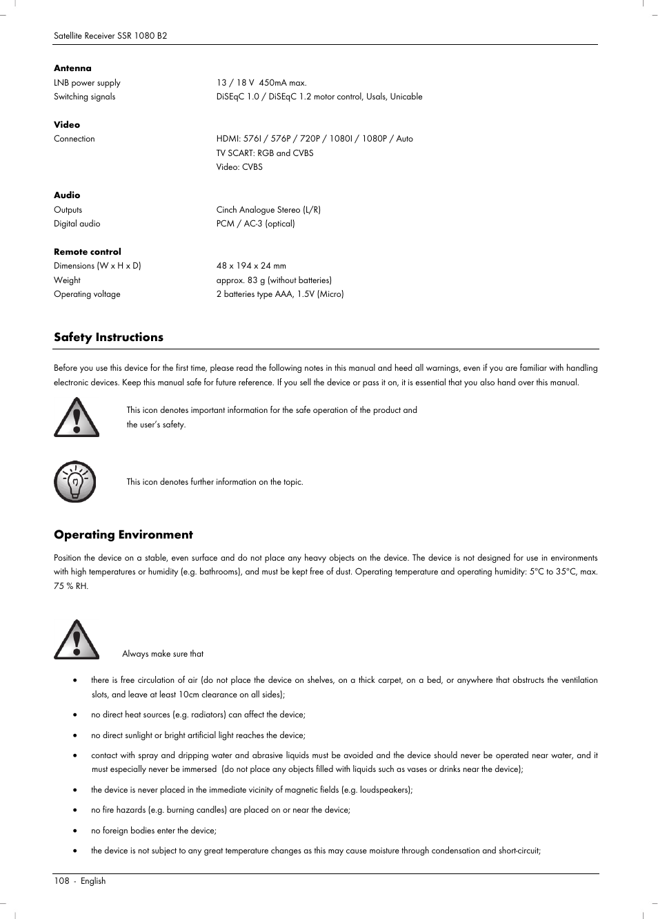 Safety instructions, Operating environment | Silvercrest SSR 1080 B2 User Manual | Page 110 / 140