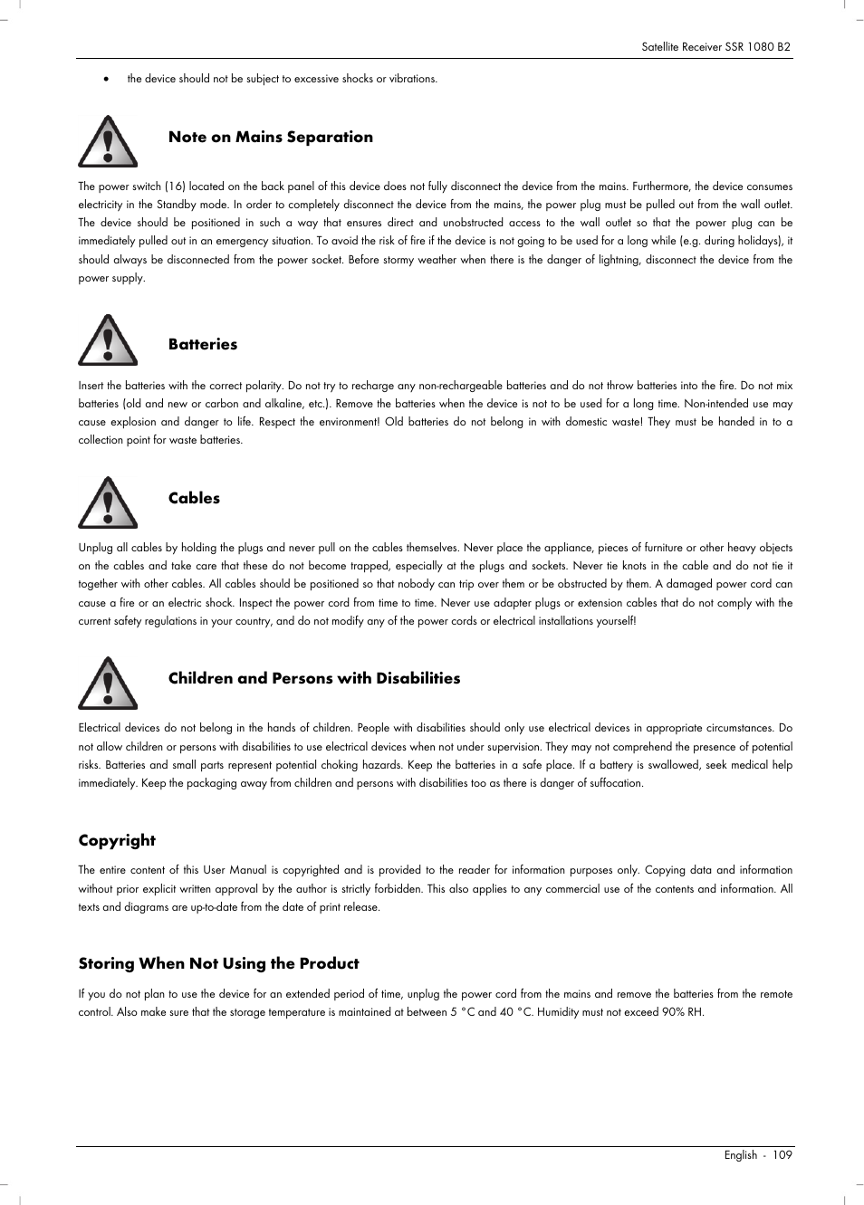 Batteries, Cables, Children and persons with disabilities | Copyright, Storing when not using the product | Silvercrest SSR 1080 B2 User Manual | Page 111 / 140