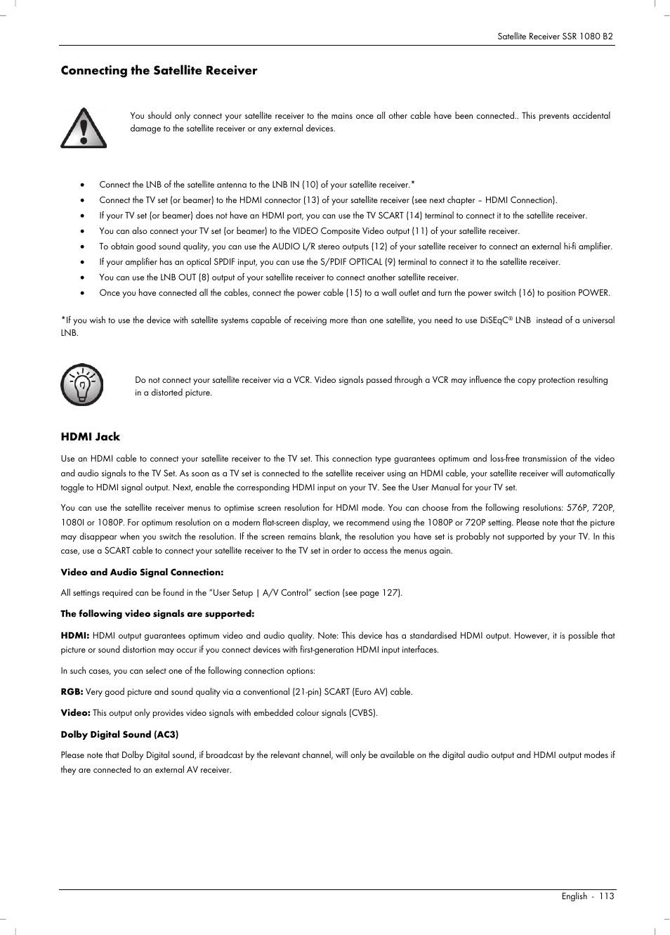 Connecting the satellite receiver | Silvercrest SSR 1080 B2 User Manual | Page 115 / 140