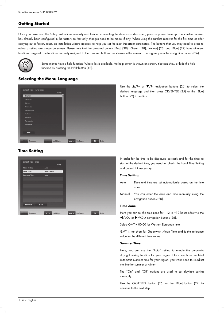 Getting started, Selecting the menu language, Time setting | Silvercrest SSR 1080 B2 User Manual | Page 116 / 140