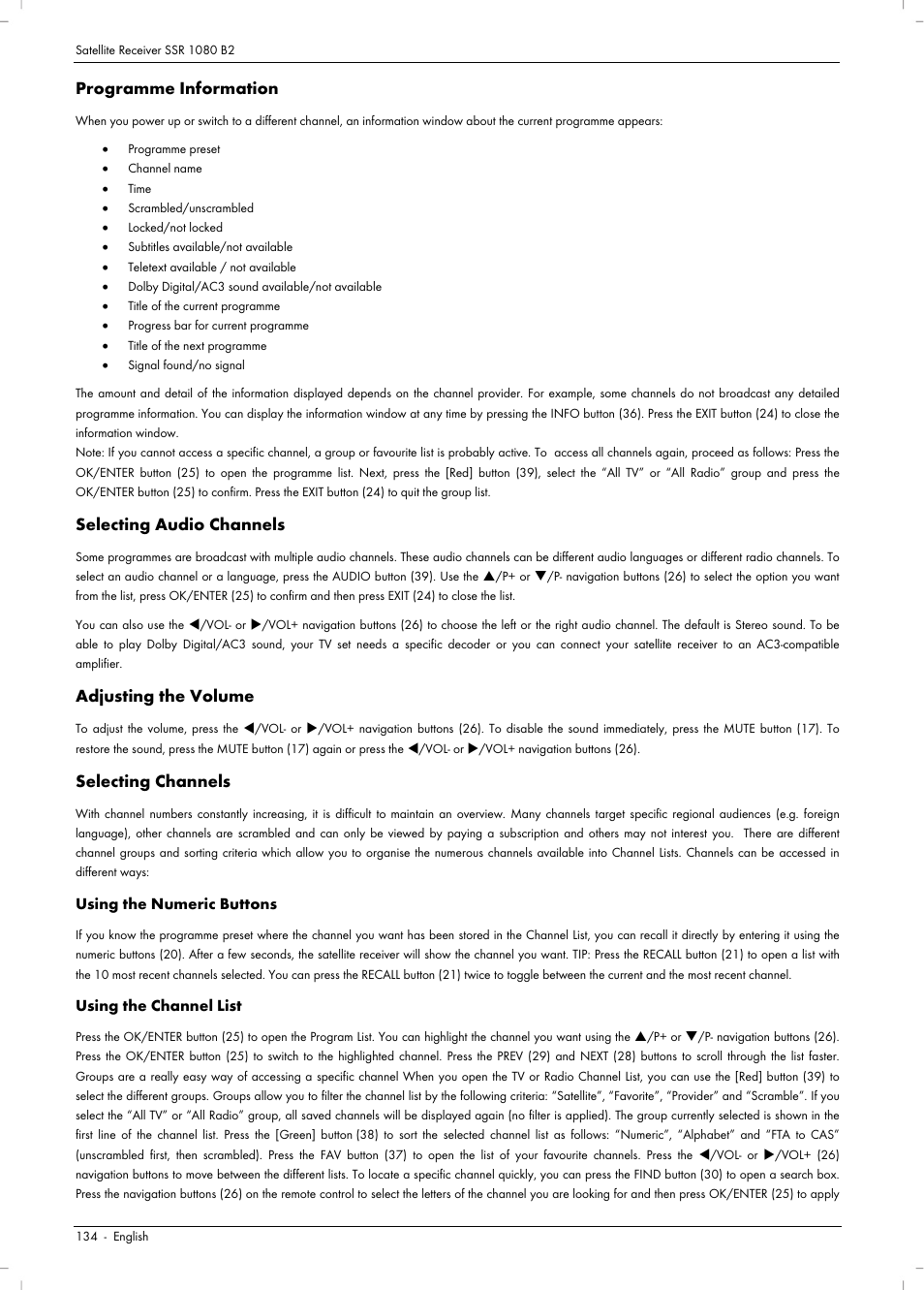 Programme information, Selecting audio channels, Adjusting the volume | Selecting channels | Silvercrest SSR 1080 B2 User Manual | Page 136 / 140