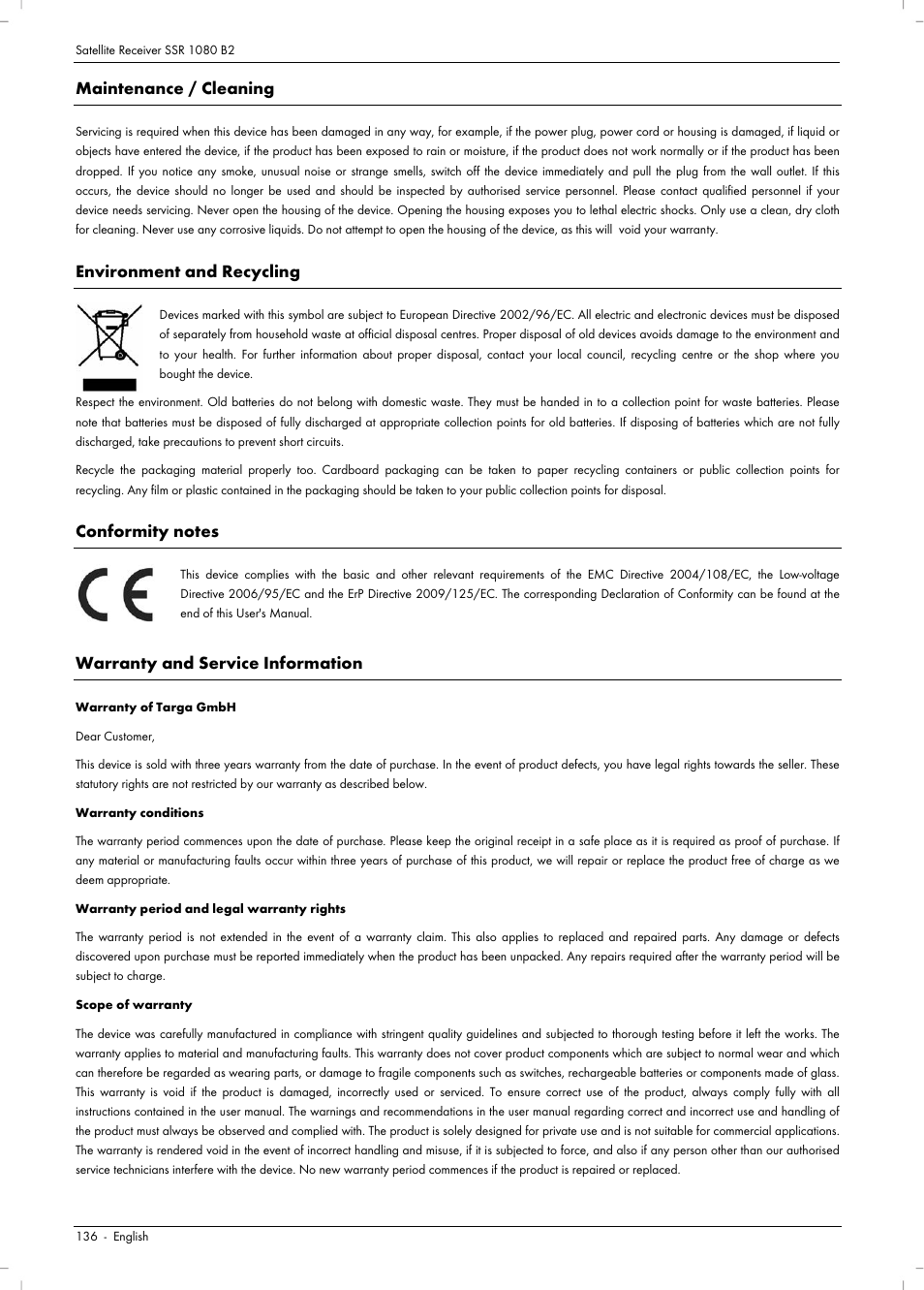 Maintenance / cleaning, Environment and recycling, Warranty and service information | Silvercrest SSR 1080 B2 User Manual | Page 138 / 140