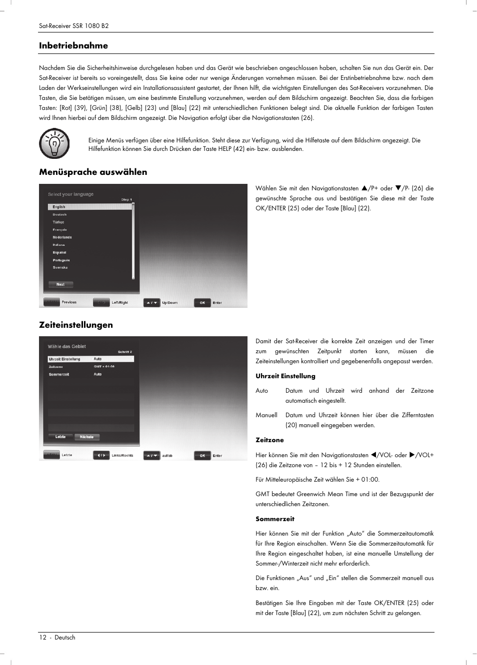 Inbetriebnahme, Menüsprache auswählen, Zeiteinstellungen | Silvercrest SSR 1080 B2 User Manual | Page 14 / 140