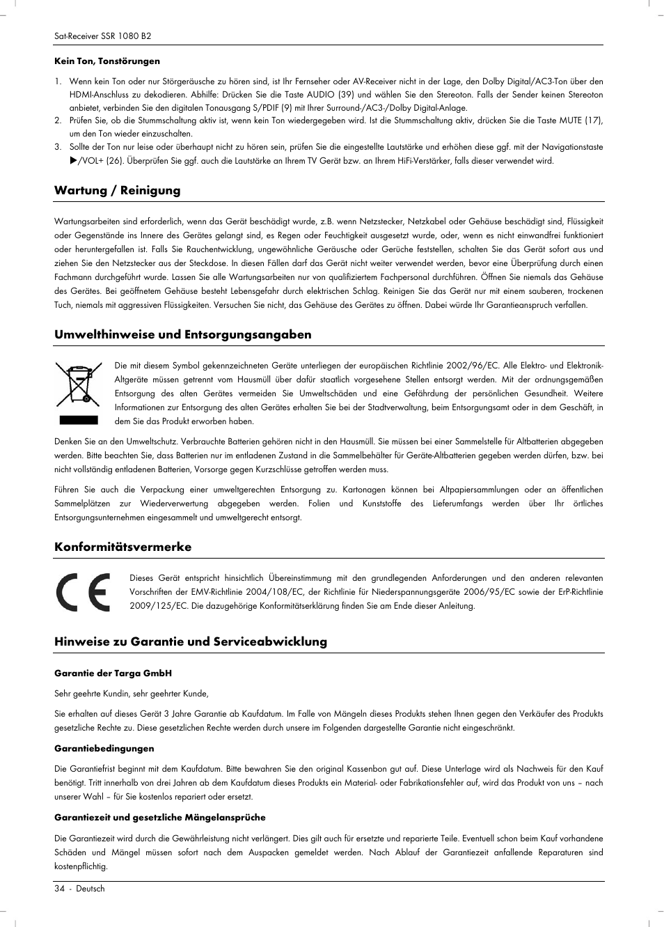 Wartung / reinigung, Umwelthinweise und entsorgungsangaben, Konformitätsvermerke | Hinweise zu garantie und serviceabwicklung | Silvercrest SSR 1080 B2 User Manual | Page 36 / 140