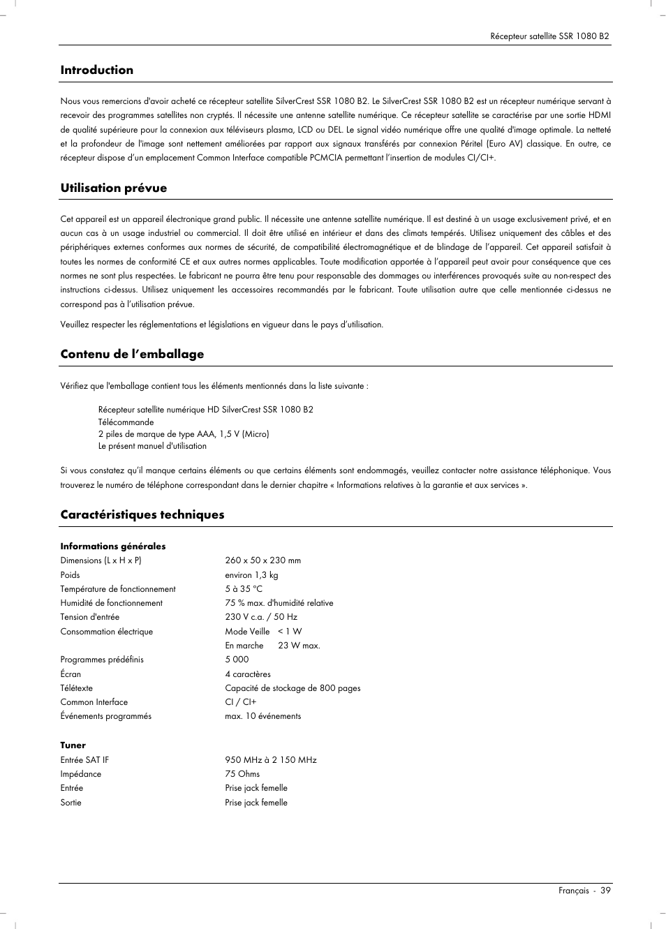 Introduction, Utilisation prévue, Contenu de l’emballage | Caractéristiques techniques | Silvercrest SSR 1080 B2 User Manual | Page 41 / 140