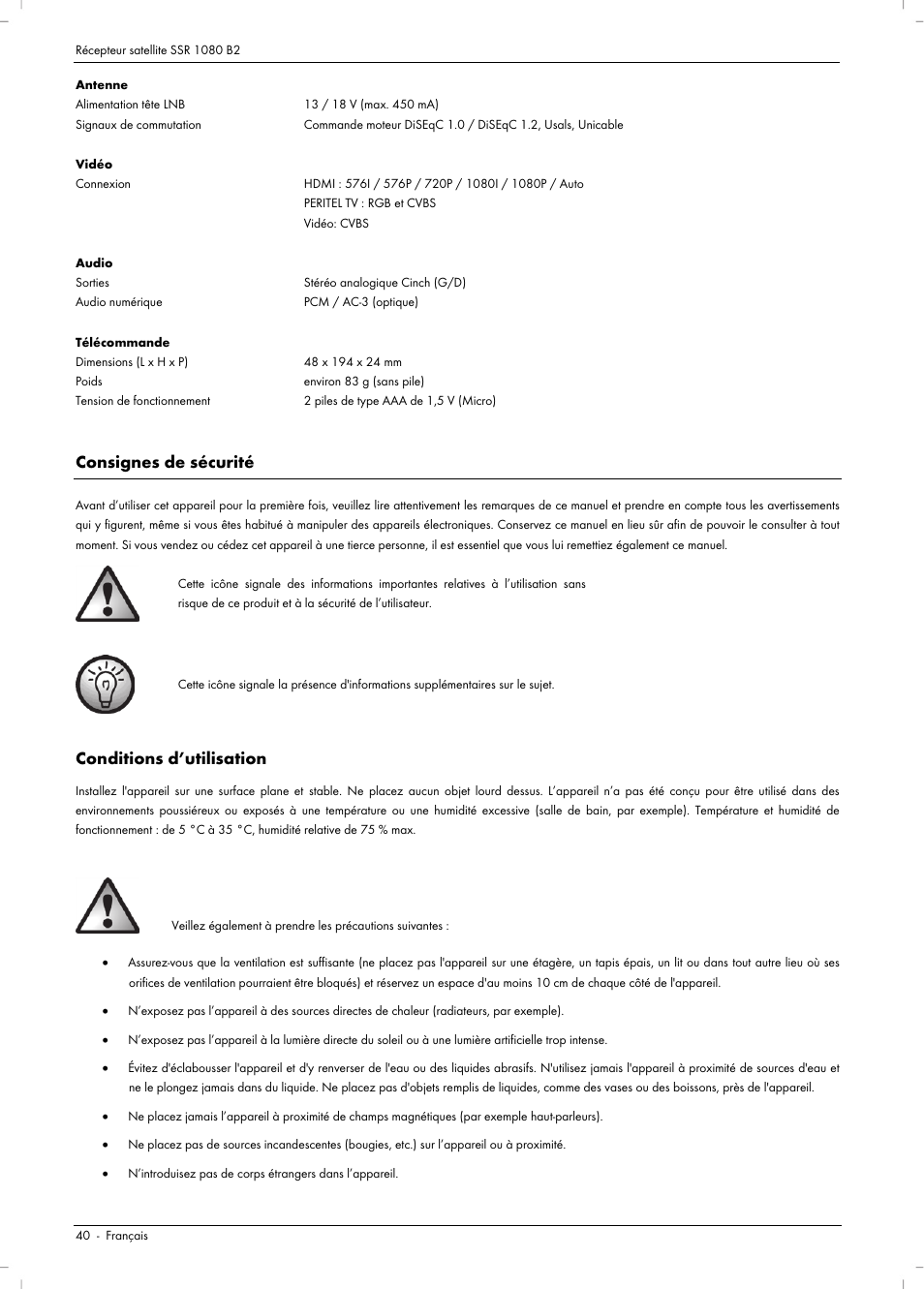 Consignes de sécurité, Conditions d’utilisation | Silvercrest SSR 1080 B2 User Manual | Page 42 / 140