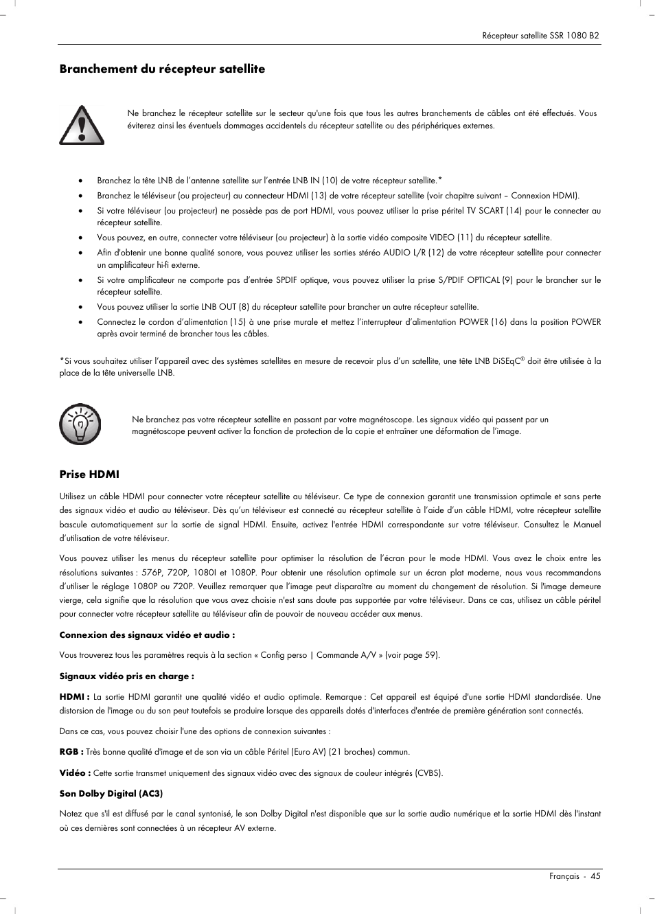 Branchement du récepteur satellite | Silvercrest SSR 1080 B2 User Manual | Page 47 / 140