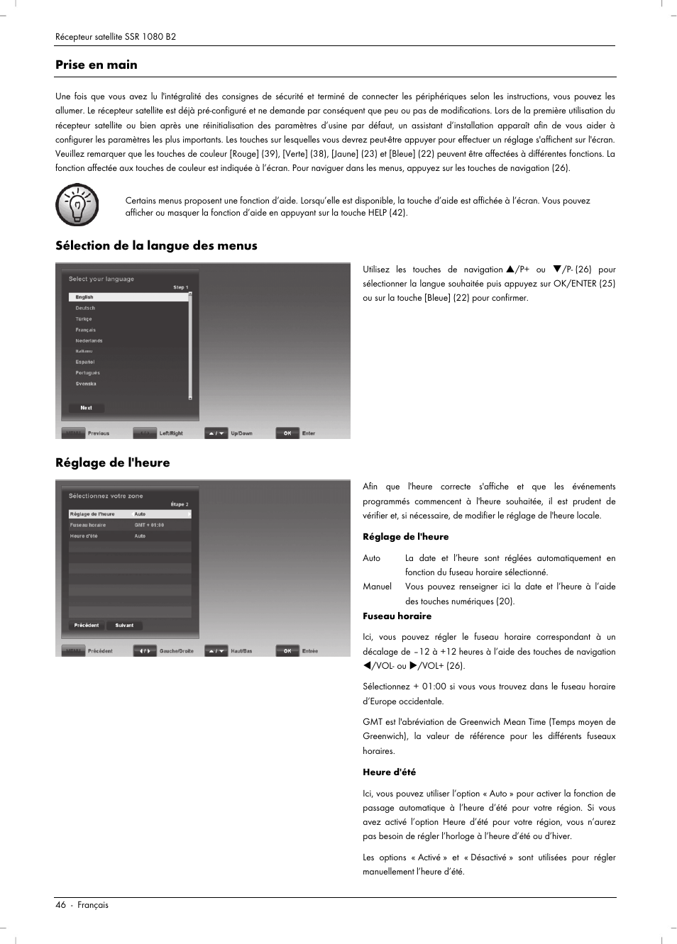 Prise en main, Sélection de la langue des menus, Réglage de l'heure | Silvercrest SSR 1080 B2 User Manual | Page 48 / 140