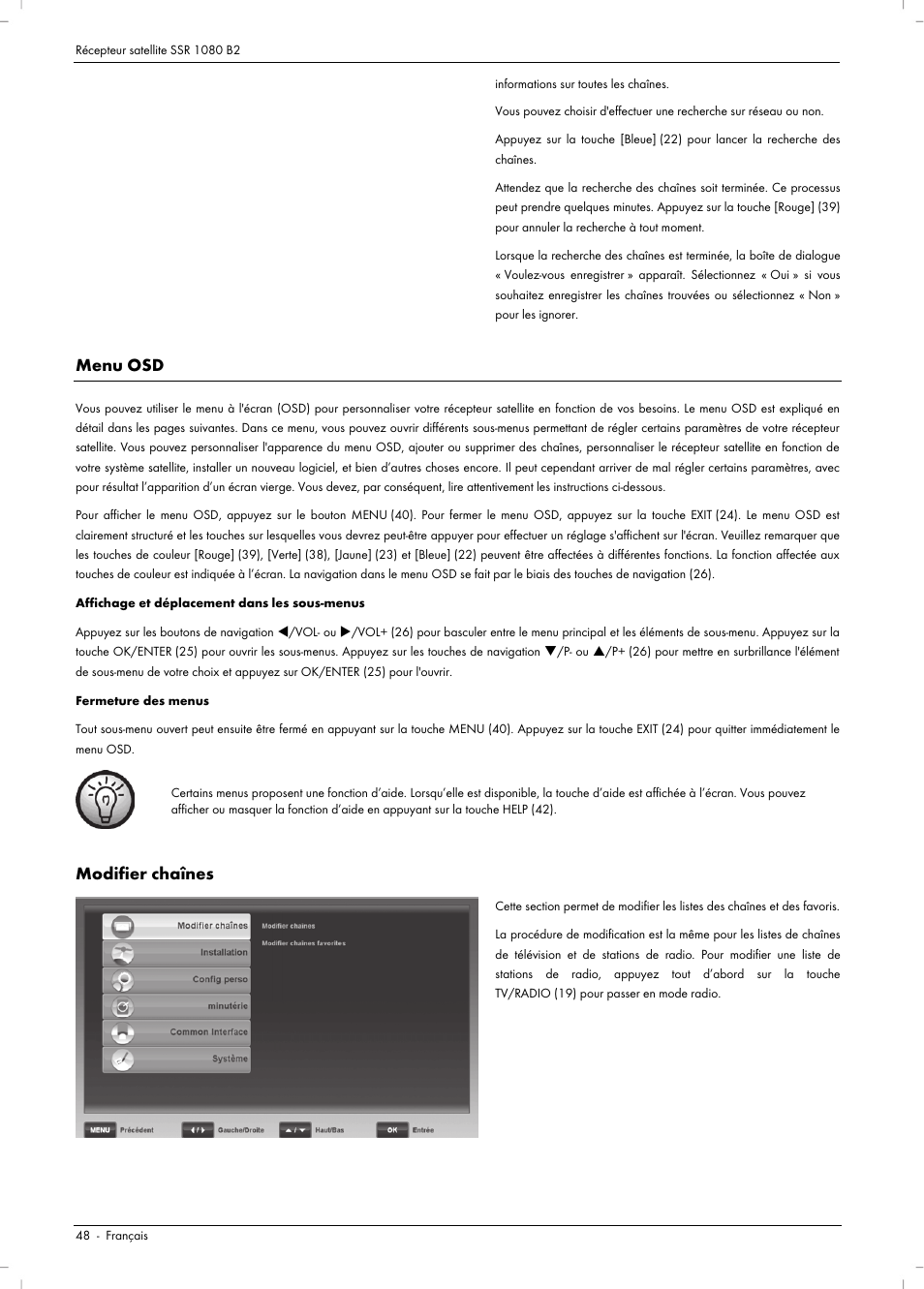 Menu osd, Modifier chaînes | Silvercrest SSR 1080 B2 User Manual | Page 50 / 140