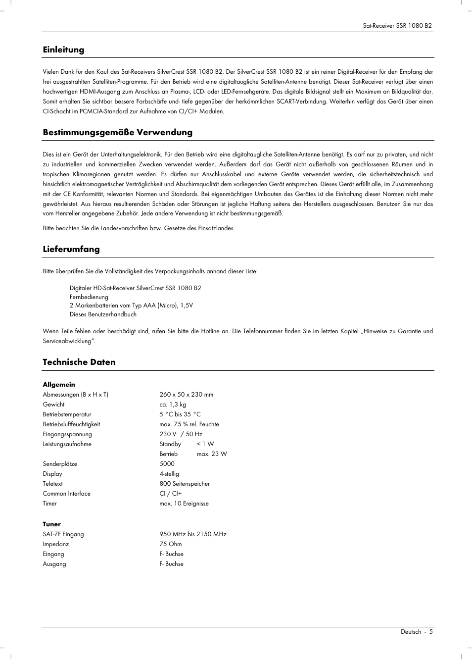 Einleitung, Bestimmungsgemäße verwendung, Lieferumfang | Technische daten | Silvercrest SSR 1080 B2 User Manual | Page 7 / 140