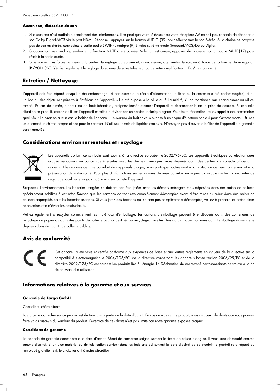 Entretien / nettoyage, Considérations environnementales et recyclage, Avis de conformité | Silvercrest SSR 1080 B2 User Manual | Page 70 / 140