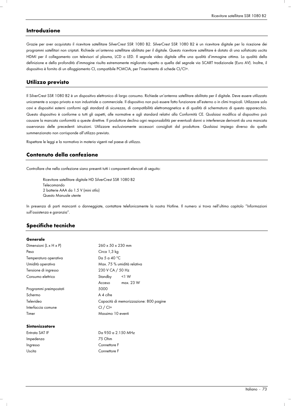 Introduzione, Utilizzo previsto, Contenuto della confezione | Specifiche tecniche | Silvercrest SSR 1080 B2 User Manual | Page 75 / 140