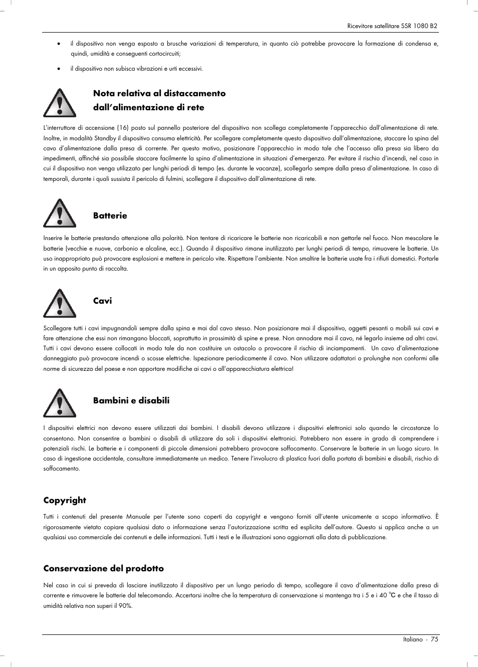 Batterie, Cavi, Bambini e disabili | Copyright, Conservazione del prodotto | Silvercrest SSR 1080 B2 User Manual | Page 77 / 140