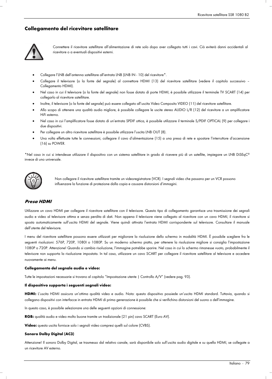 Collegamento del ricevitore satellitare, Presa hdmi | Silvercrest SSR 1080 B2 User Manual | Page 81 / 140