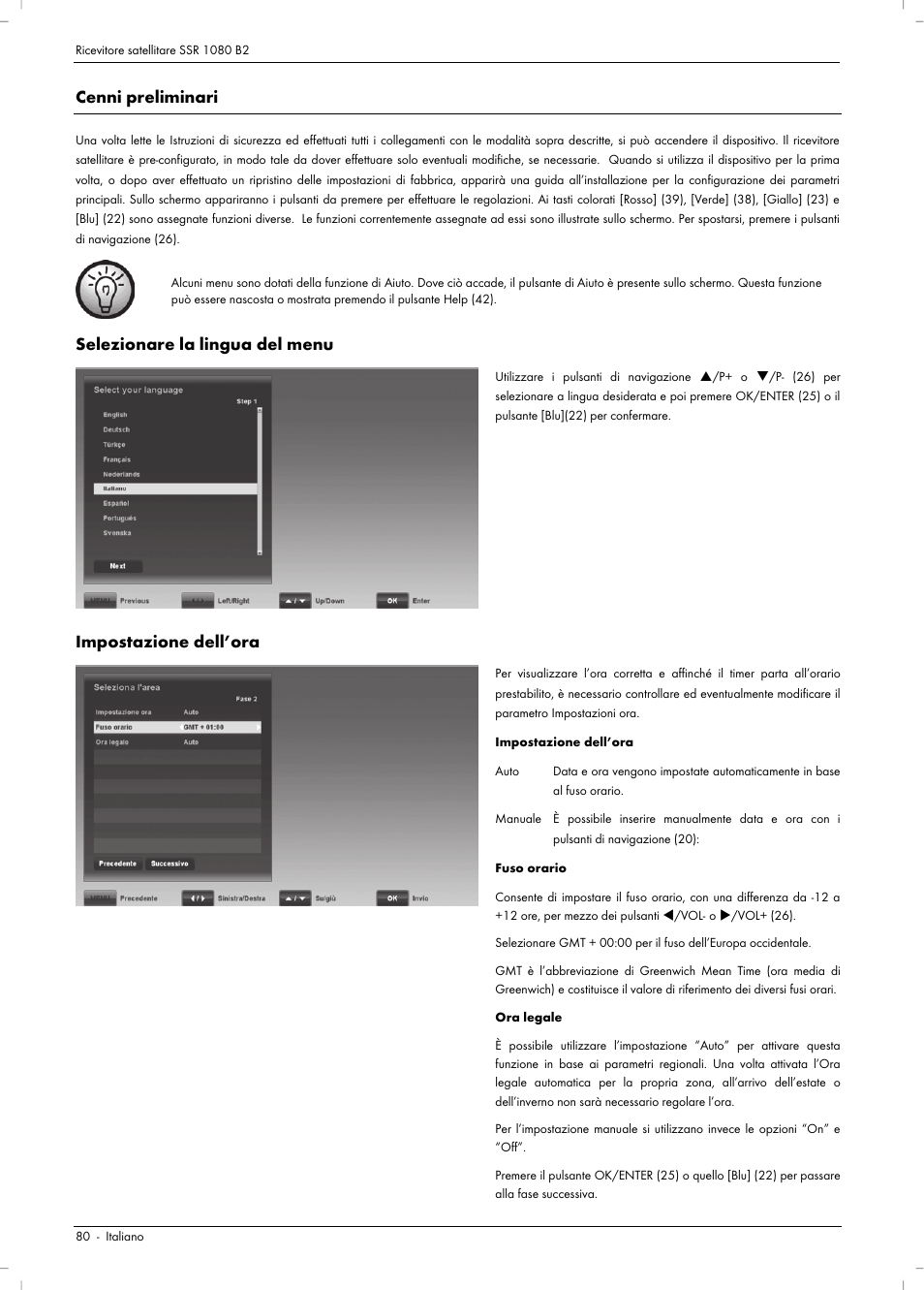 Cenni preliminari, Selezionare la lingua del menu, Impostazione dell’ora | Silvercrest SSR 1080 B2 User Manual | Page 82 / 140