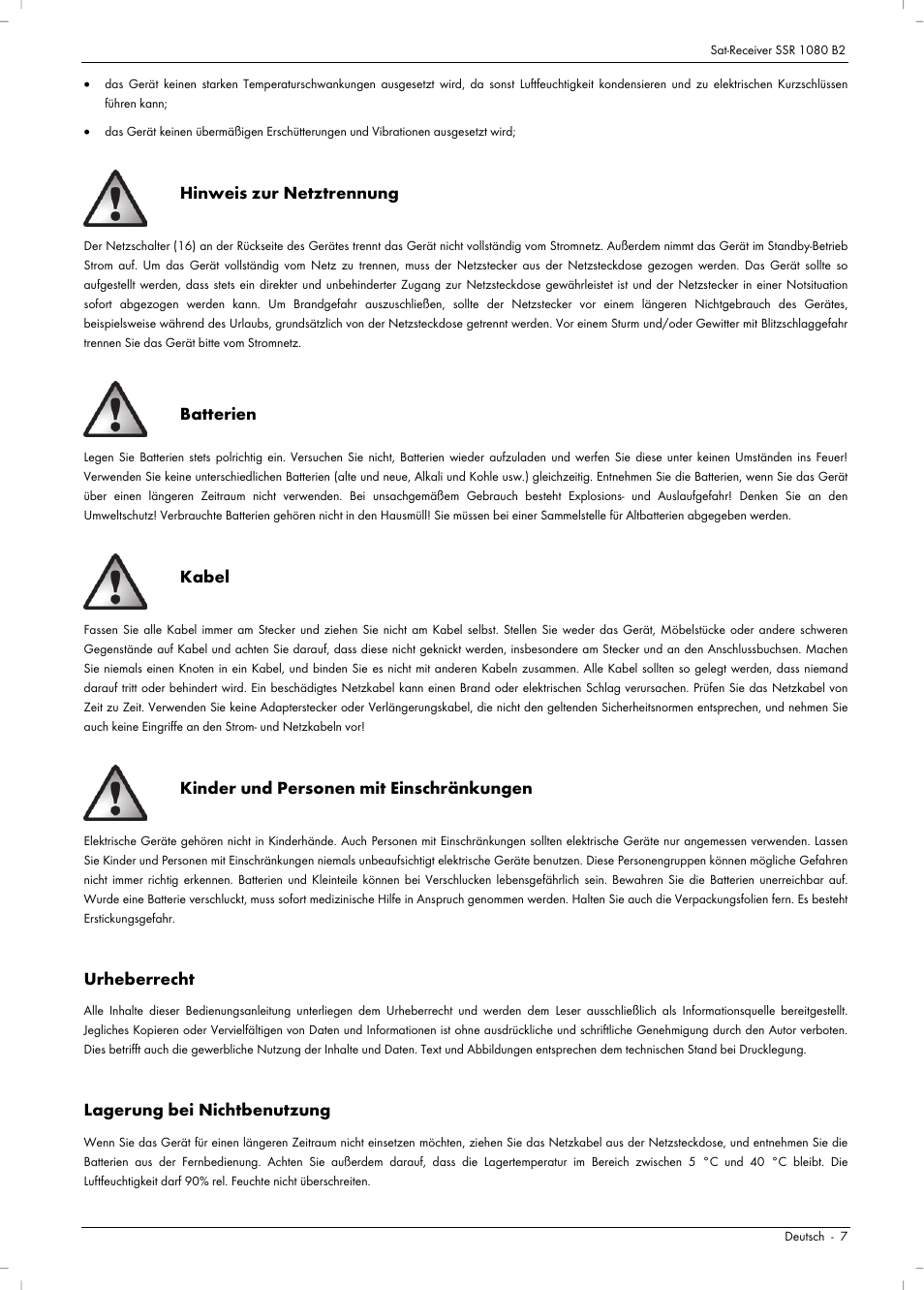 Hinweis zur netztrennung, Batterien, Kabel | Kinder und personen mit einschränkungen, Urheberrecht, Lagerung bei nichtbenutzung | Silvercrest SSR 1080 B2 User Manual | Page 9 / 140