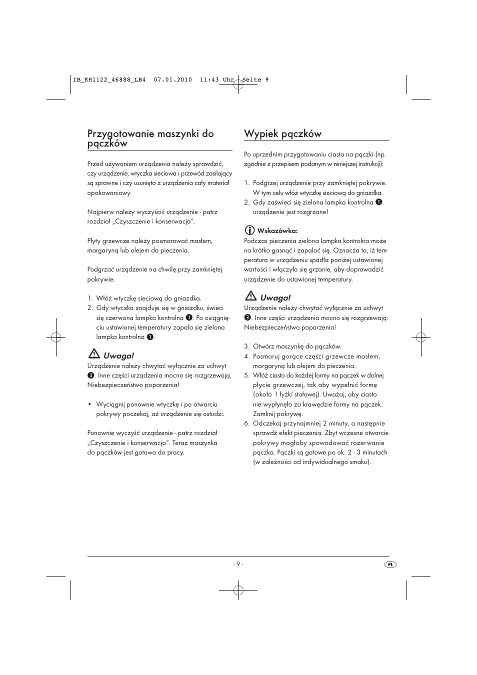 Przygotowanie maszynki do pączków, Wypiek pączków, Uwaga | Silvercrest KH 1122 User Manual | Page 11 / 50