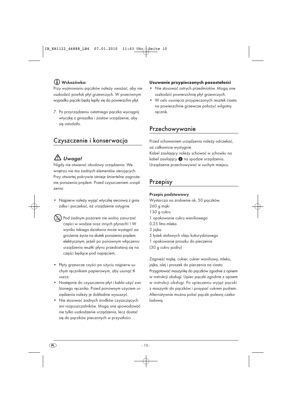 Czyszczenie i konserwacja, Przechowywanie, Przepisy | Uwaga | Silvercrest KH 1122 User Manual | Page 12 / 50
