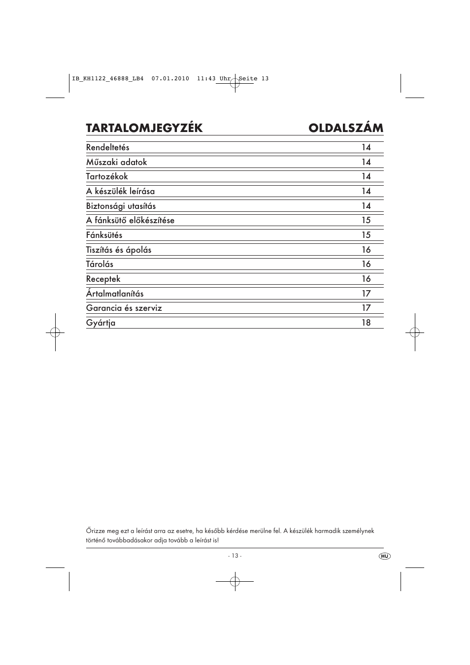 Tartalomjegyzék oldalszám | Silvercrest KH 1122 User Manual | Page 15 / 50