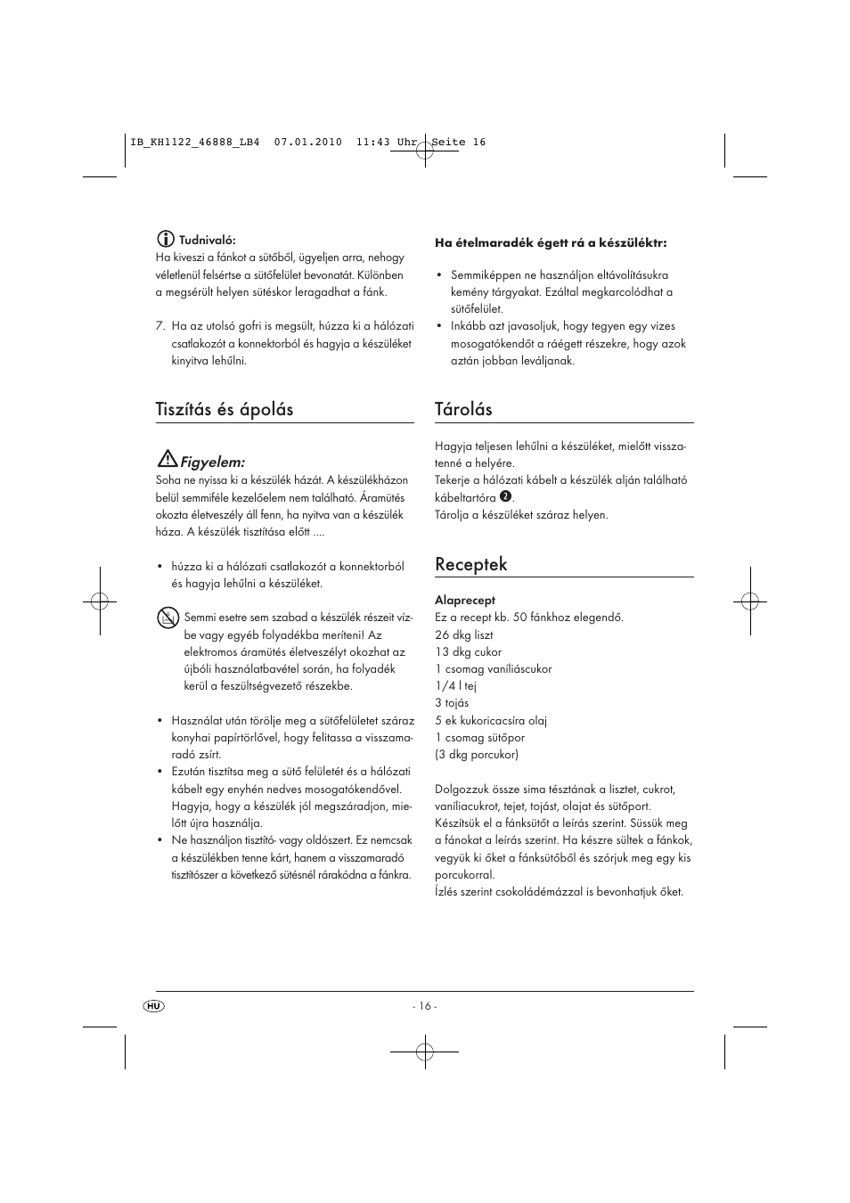 Tiszítás és ápolás, Tárolás, Receptek | Figyelem | Silvercrest KH 1122 User Manual | Page 18 / 50