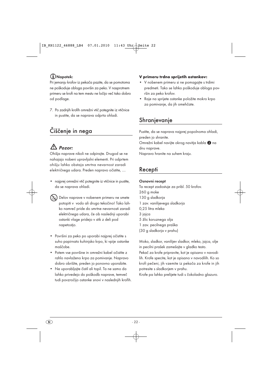 Čiščenje in nega, Shranjevanje, Recepti | Pozor | Silvercrest KH 1122 User Manual | Page 24 / 50