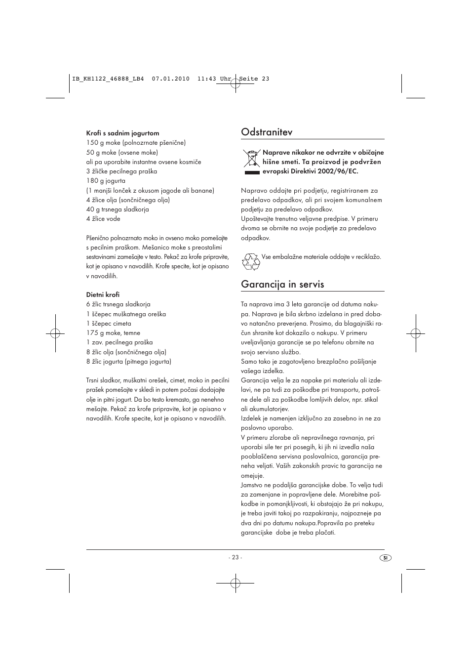 Odstranitev, Garancija in servis | Silvercrest KH 1122 User Manual | Page 25 / 50