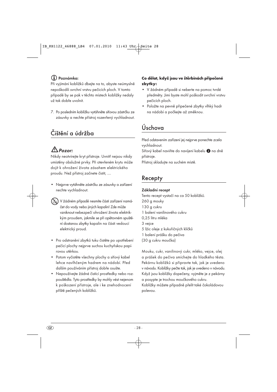 Čištění a údržba, Úschova, Recepty | Pozor | Silvercrest KH 1122 User Manual | Page 30 / 50