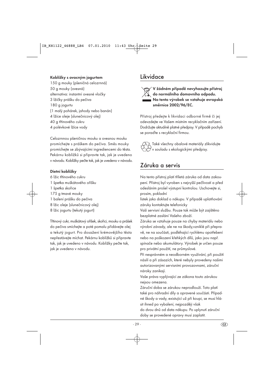 Likvidace, Záruka a servis | Silvercrest KH 1122 User Manual | Page 31 / 50