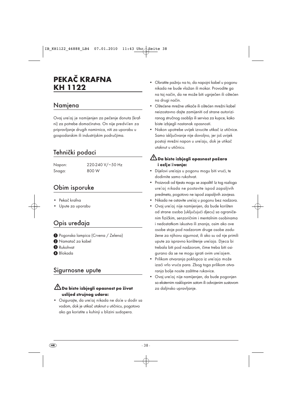 Pekač krafna kh 1122, Namjena, Tehnički podaci | Obim isporuke, Opis uređaja, Sigurnosne upute | Silvercrest KH 1122 User Manual | Page 40 / 50