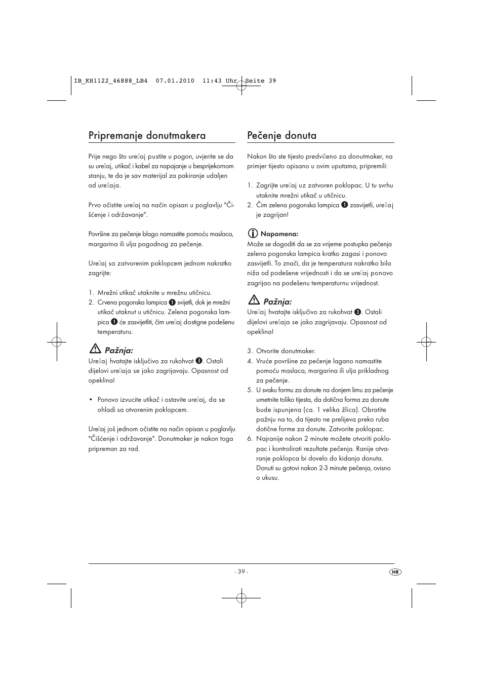 Pripremanje donutmakera, Pečenje donuta, Pažnja | Silvercrest KH 1122 User Manual | Page 41 / 50