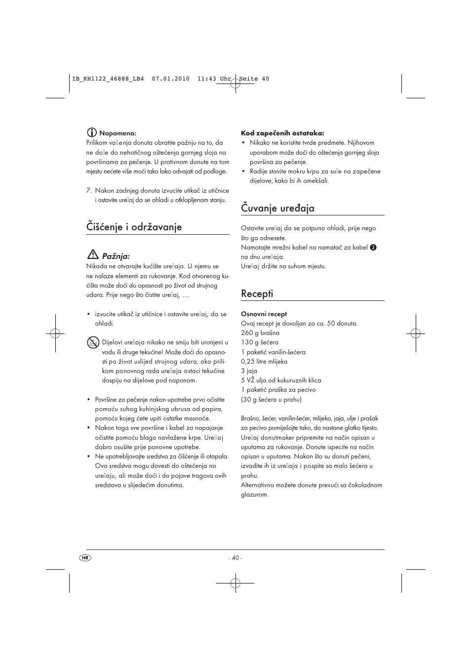 Čišćenje i održavanje, Čuvanje uređaja, Recepti | Pažnja | Silvercrest KH 1122 User Manual | Page 42 / 50