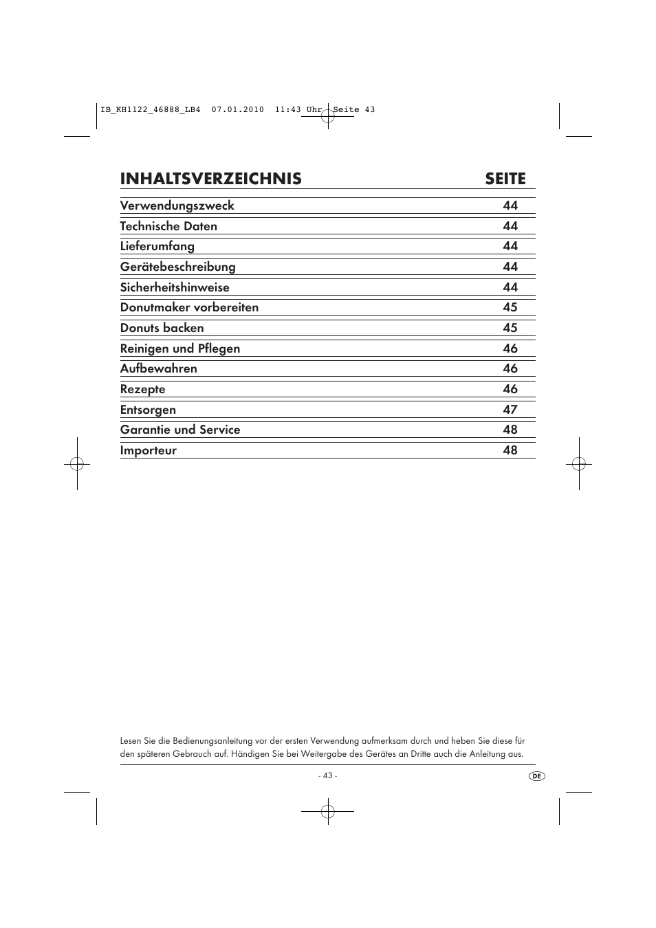 Inhaltsverzeichnis seite | Silvercrest KH 1122 User Manual | Page 45 / 50