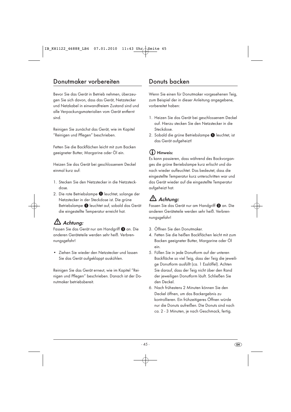 Donutmaker vorbereiten, Donuts backen, Achtung | Silvercrest KH 1122 User Manual | Page 47 / 50