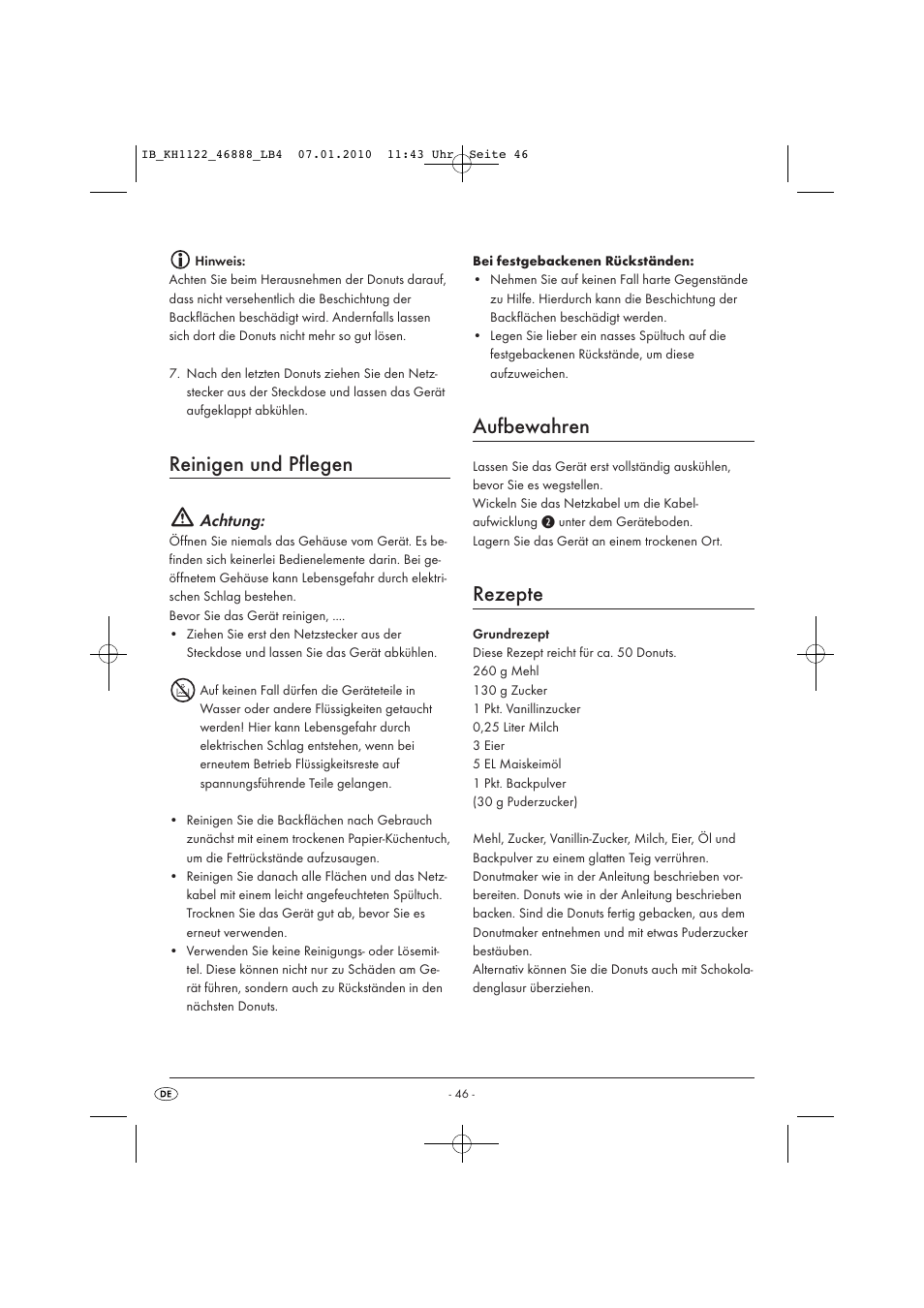 Reinigen und pflegen, Aufbewahren, Rezepte | Achtung | Silvercrest KH 1122 User Manual | Page 48 / 50