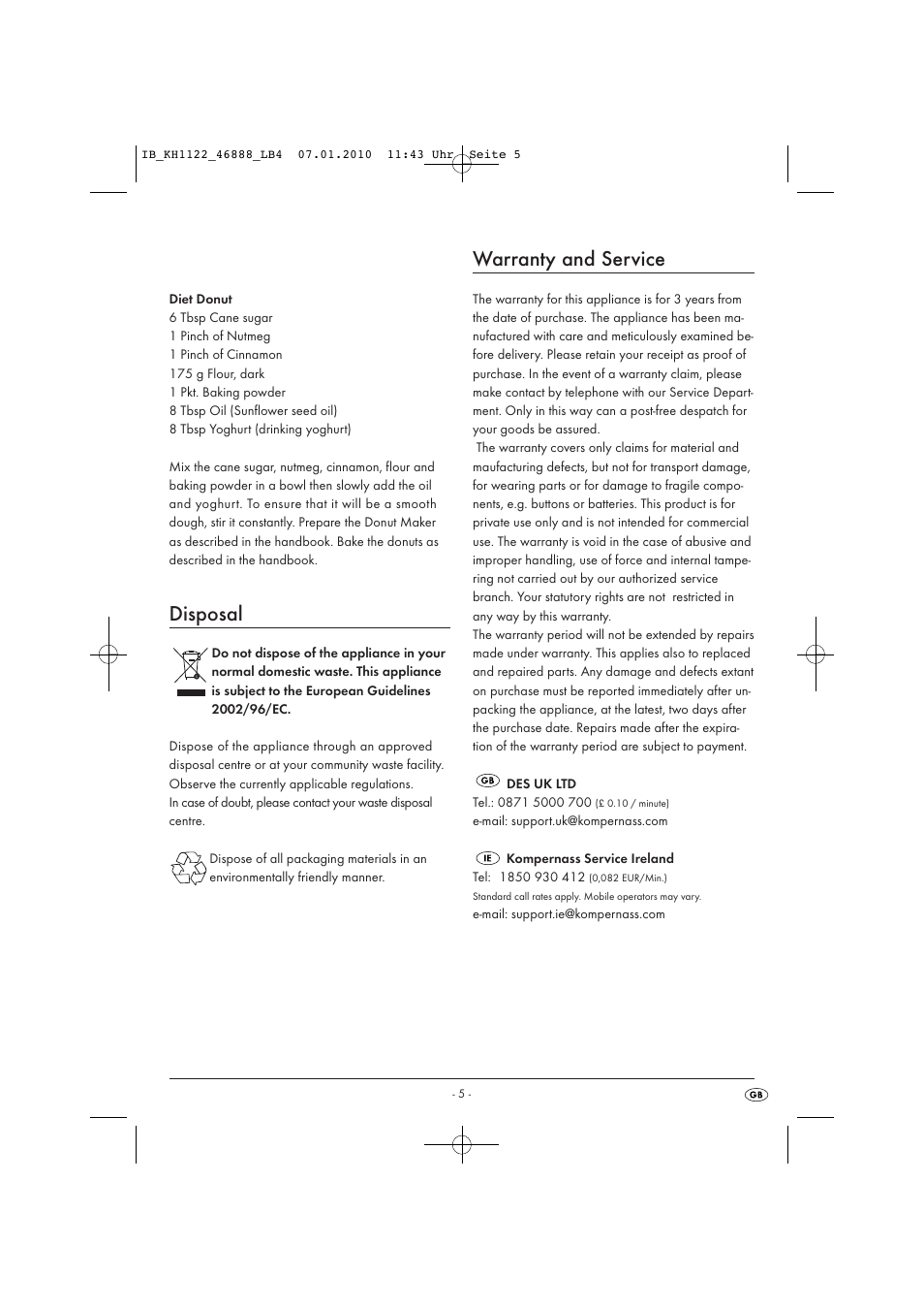 Disposal, Warranty and service | Silvercrest KH 1122 User Manual | Page 7 / 50