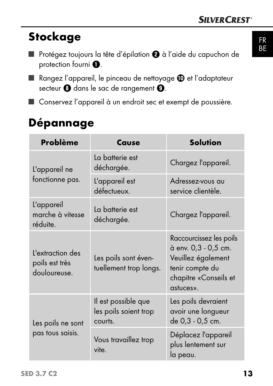 Stockage, Dépannage | Silvercrest SED 3.7 C2 User Manual | Page 16 / 52