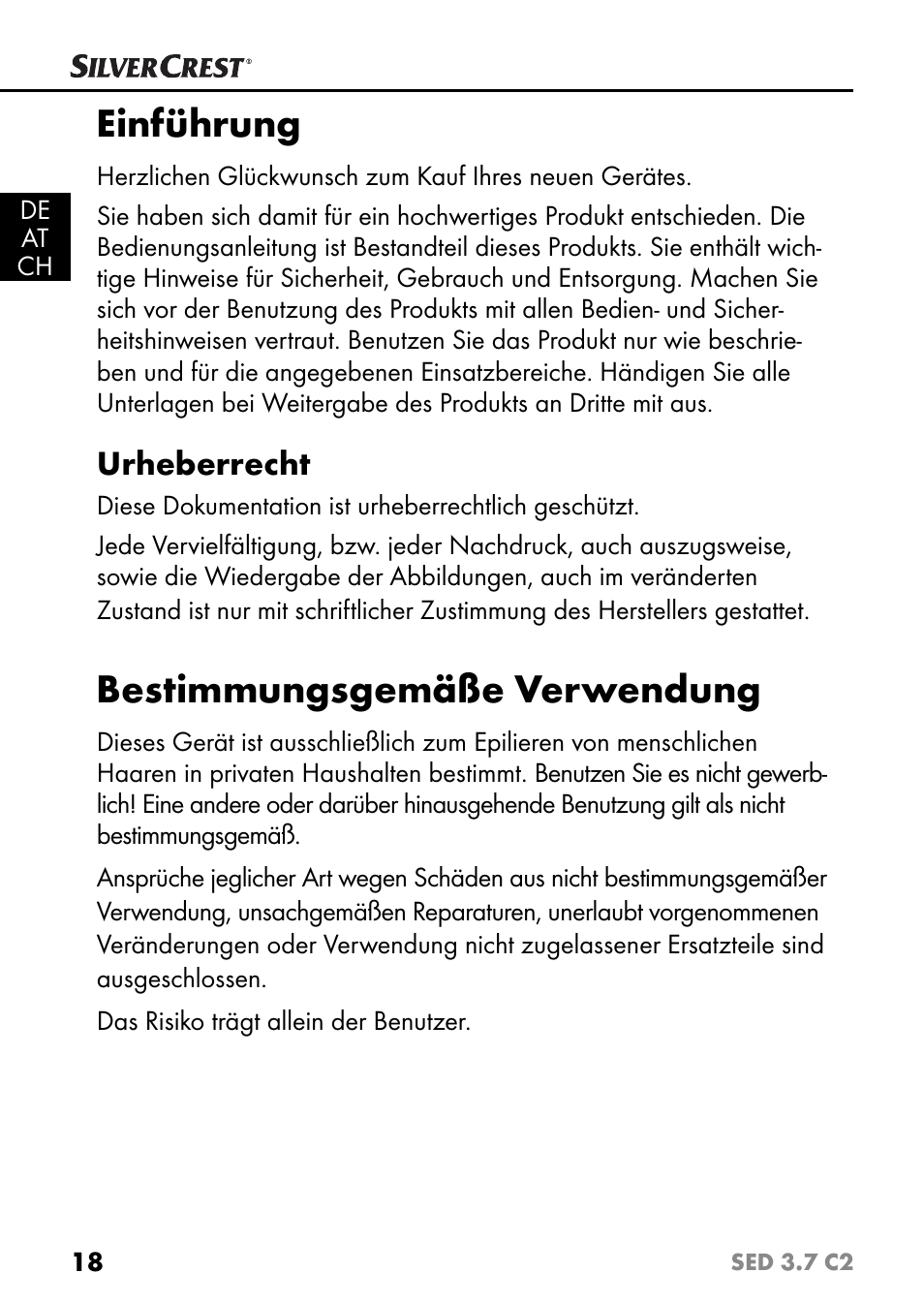 Einführung, Bestimmungsgemäße verwendung, Urheberrecht | Silvercrest SED 3.7 C2 User Manual | Page 21 / 52