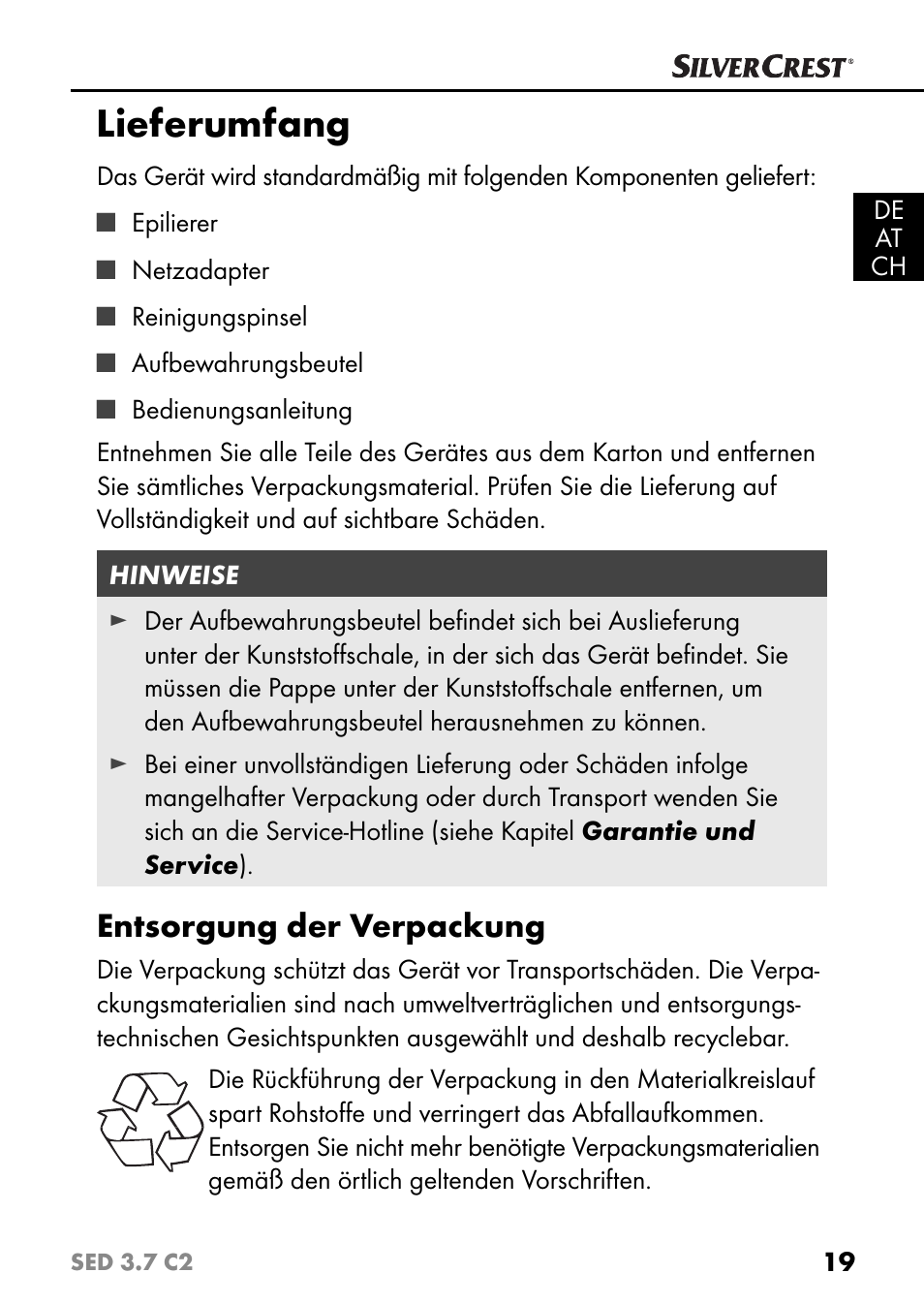 Lieferumfang, Entsorgung der verpackung | Silvercrest SED 3.7 C2 User Manual | Page 22 / 52