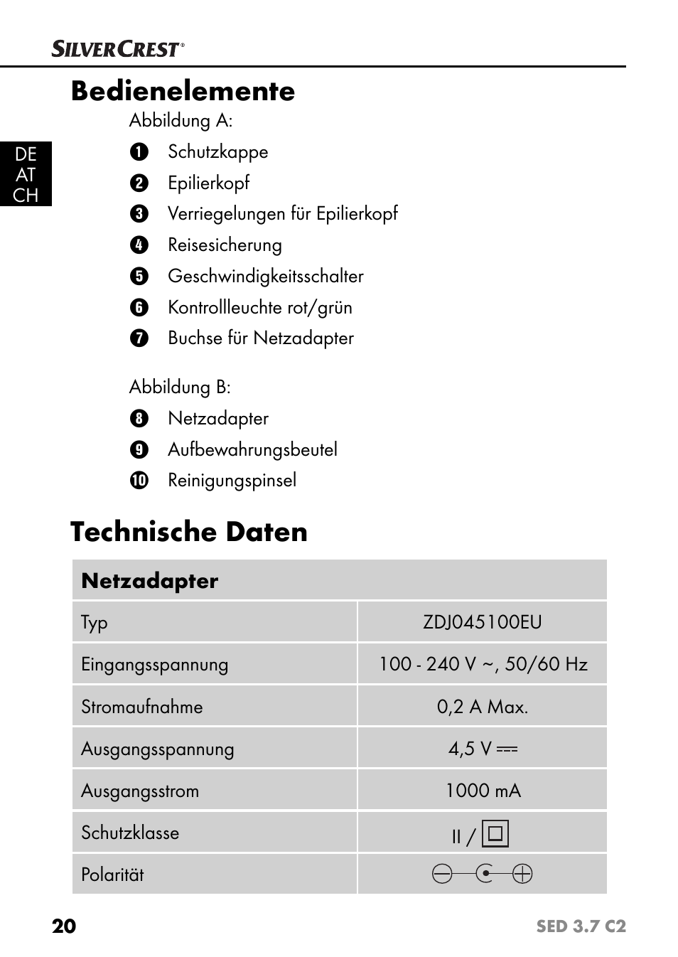 Bedienelemente, Technische daten | Silvercrest SED 3.7 C2 User Manual | Page 23 / 52